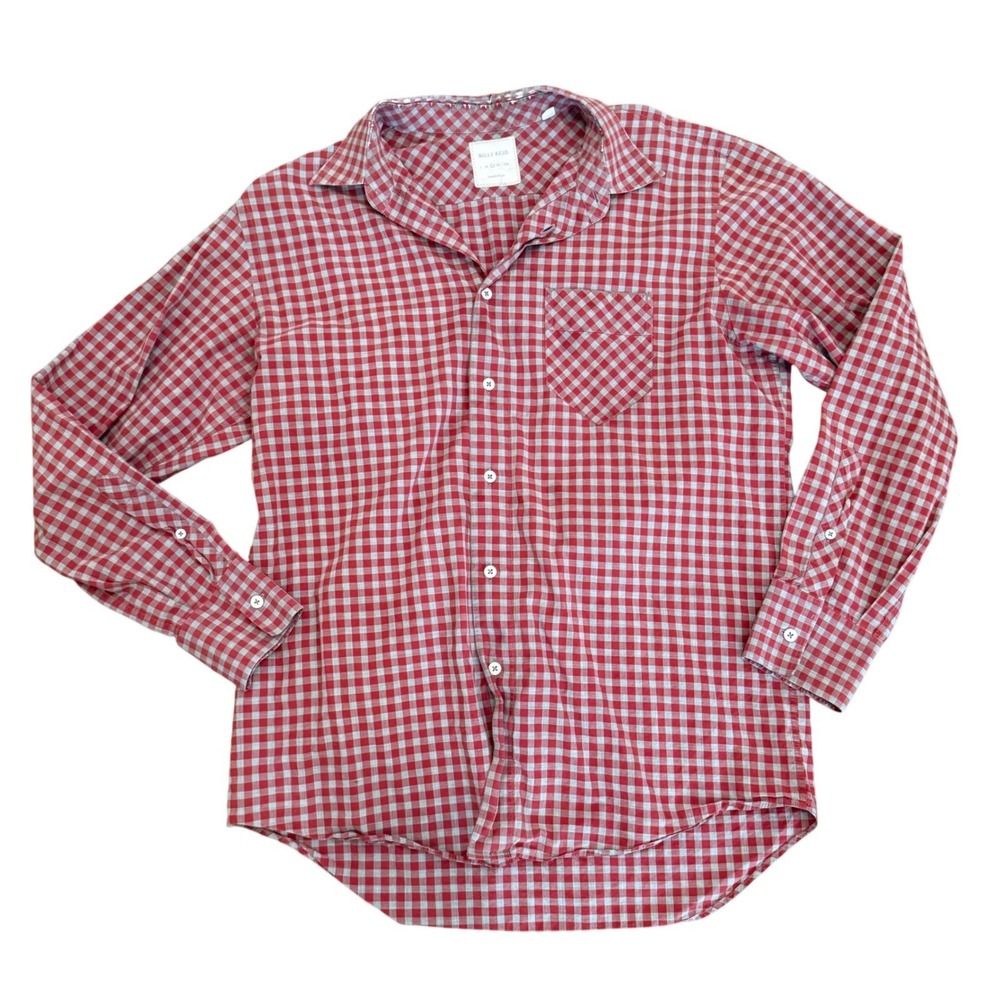 Billy Reid Mens Long Sleeve Button Down Shirt Red Grey Gingham Check Size L